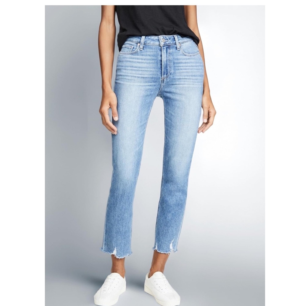 Paige Cindy High Rise Straight Leg Jeans Medium Wash Raw Hem Blue Size 27 - Picture 2 of 8